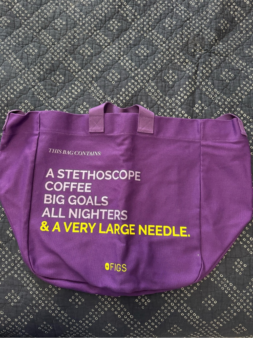 Figs Purple Tote with Yellow Very Large Needle Slogan